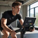 Atleta em bicicleta ergométrica profissional medindo potência e frequência cardíaca