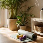 Canto de exercícios em casa com halteres e plantas iluminado pelo sol