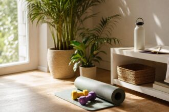 Canto de exercícios em casa com halteres e plantas iluminado pelo sol