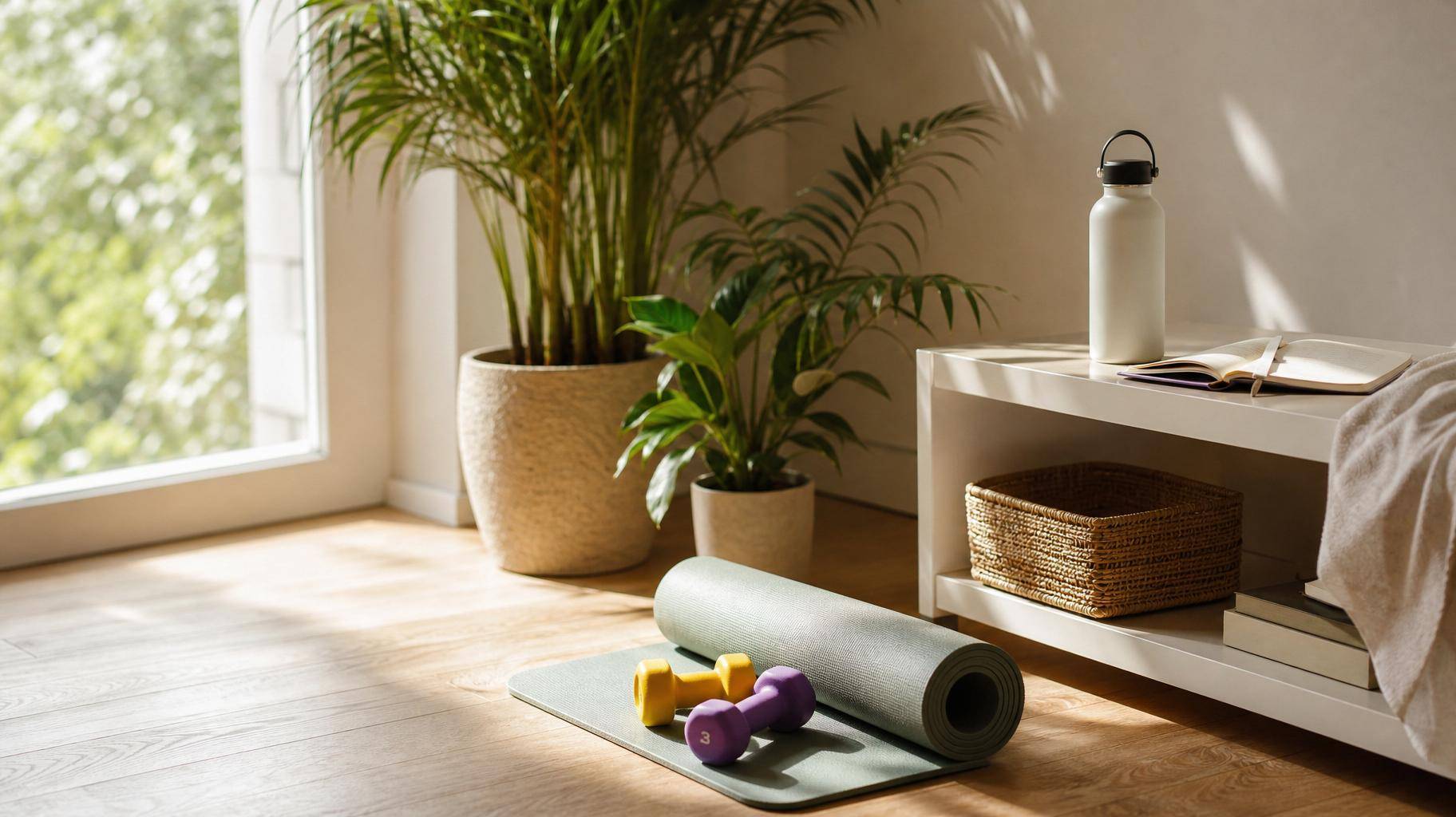 Canto de exercícios em casa com halteres e plantas iluminado pelo sol