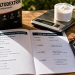Suplementos de carboidratos e checklist de treino em mesa de madeira