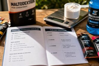 Suplementos de carboidratos e checklist de treino em mesa de madeira