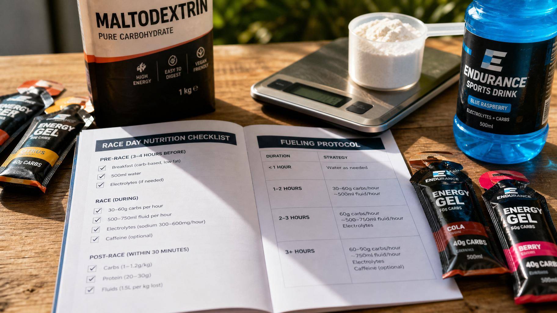 Suplementos de carboidratos e checklist de treino em mesa de madeira