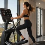 Atleta em máquina elíptica profissional exibindo métricas de cardio