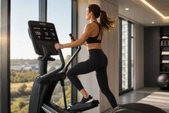 Atleta em máquina elíptica profissional exibindo métricas de cardio