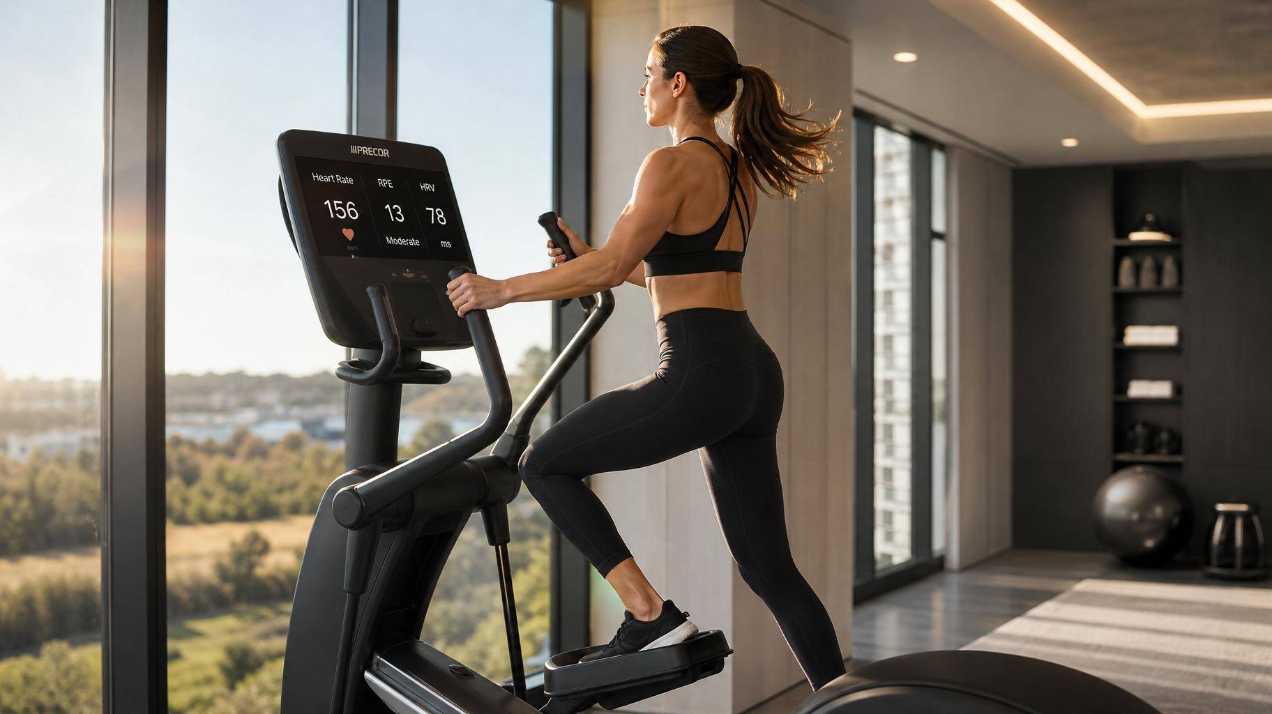 Atleta em máquina elíptica profissional exibindo métricas de cardio