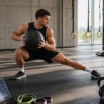 Atleta realizando treino funcional com medicine ball em ginásio iluminado