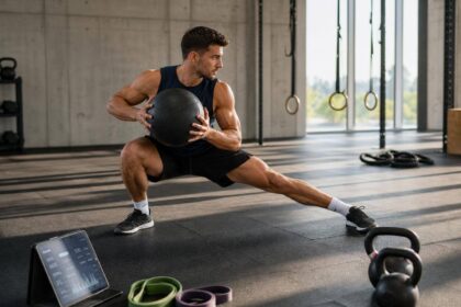 Atleta realizando treino funcional com medicine ball em ginásio iluminado