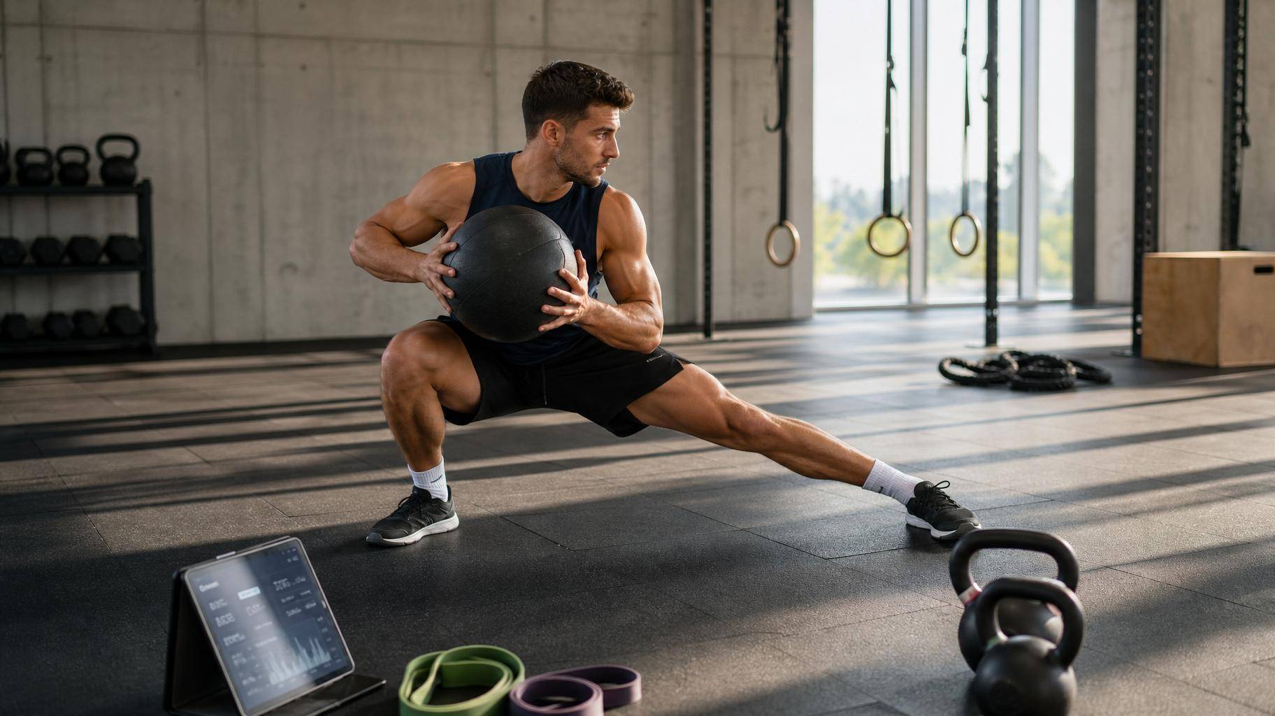 Atleta realizando treino funcional com medicine ball em ginásio iluminado