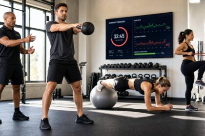 Atleta realiza treino funcional com orientação de treinador