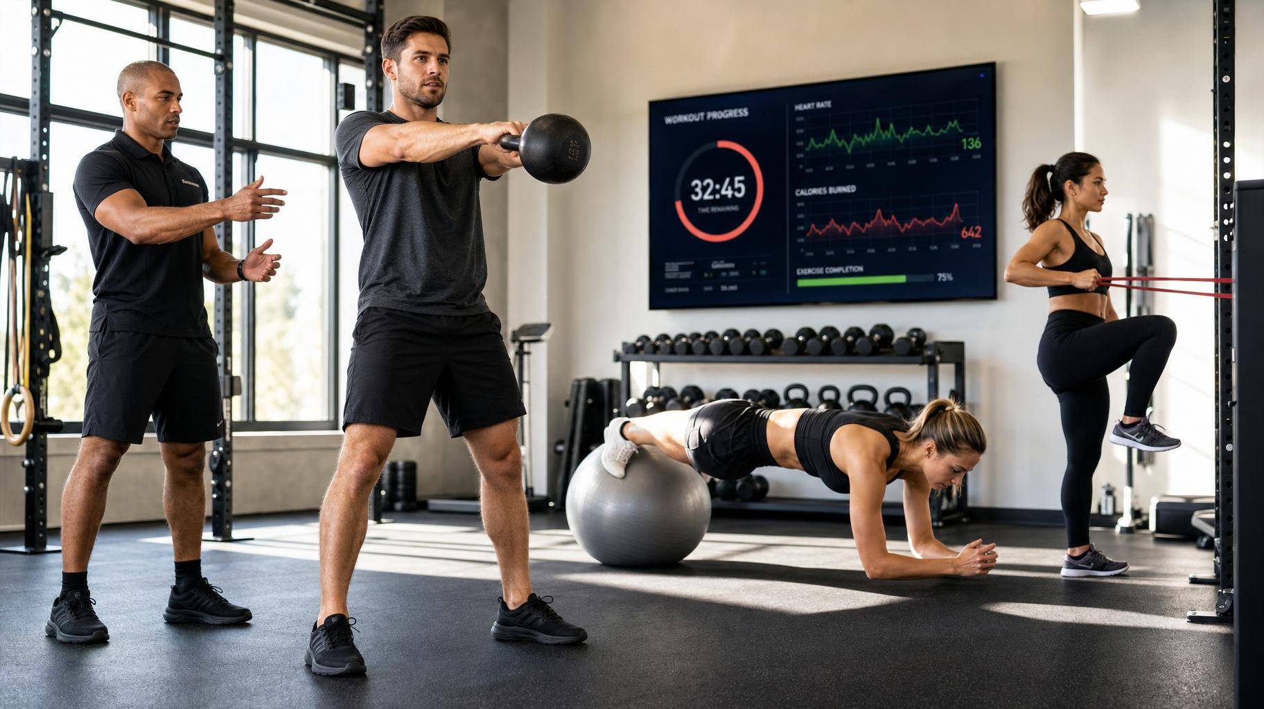 Atleta realiza treino funcional com orientação de treinador