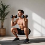 Pessoa realizando treino full body com halteres em ambiente minimalista