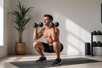 Pessoa realizando treino full body com halteres em ambiente minimalista