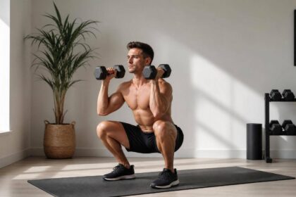 Pessoa realizando treino full body com halteres em ambiente minimalista