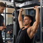 Atleta ajustando máquina de treino eficiente na academia