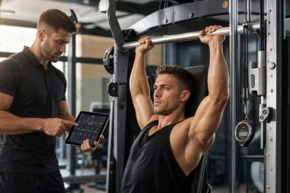 Atleta ajustando máquina de treino eficiente na academia