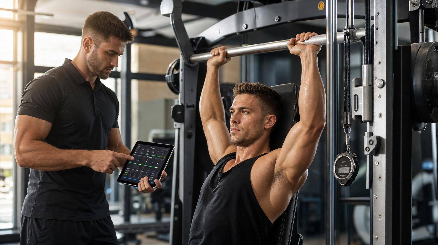 Atleta ajustando máquina de treino eficiente na academia