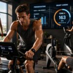 Atleta realizando treino cardiovascular periodizado em academia moderna