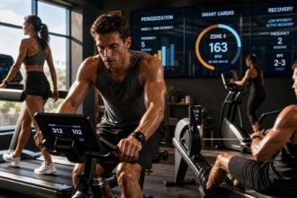Atleta realizando treino cardiovascular periodizado em academia moderna