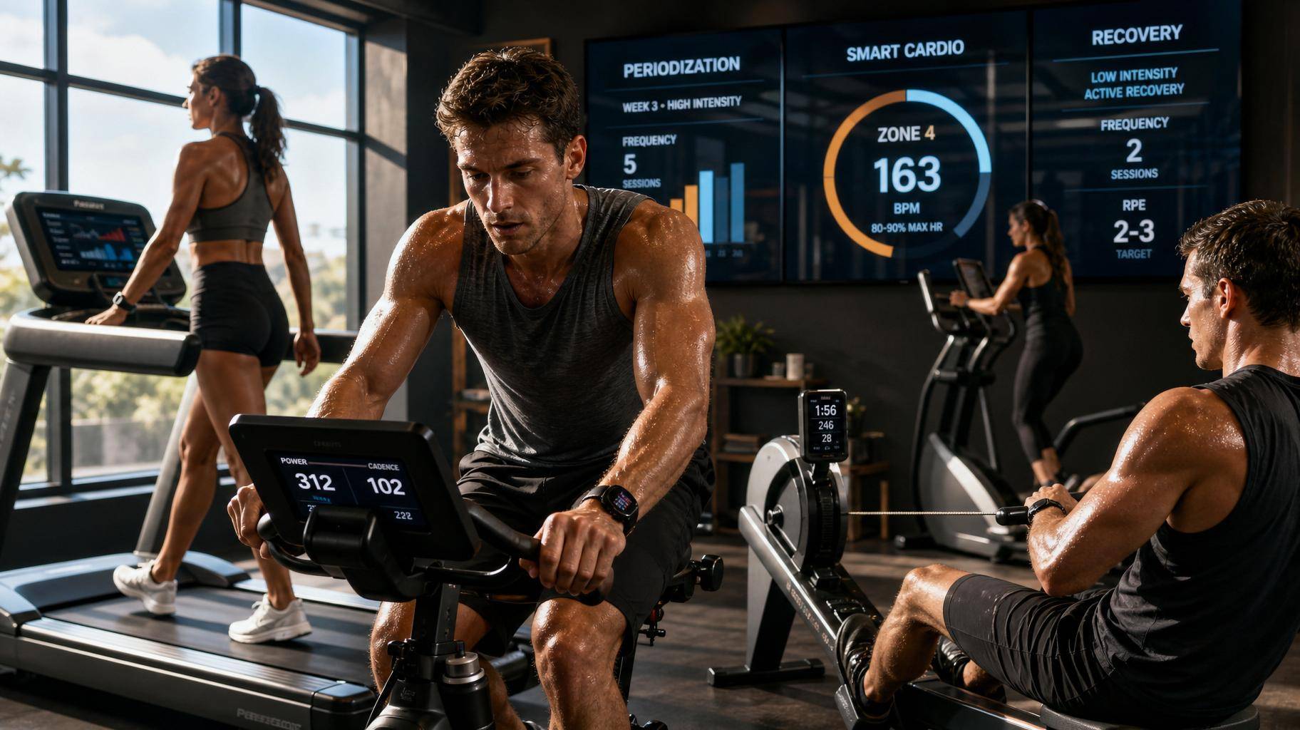 Atleta realizando treino cardiovascular periodizado em academia moderna