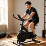 Pessoa pedalando bicicleta ergométrica em canto de treino em casa