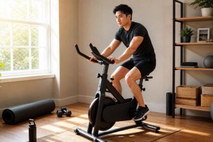Pessoa pedalando bicicleta ergométrica em canto de treino em casa
