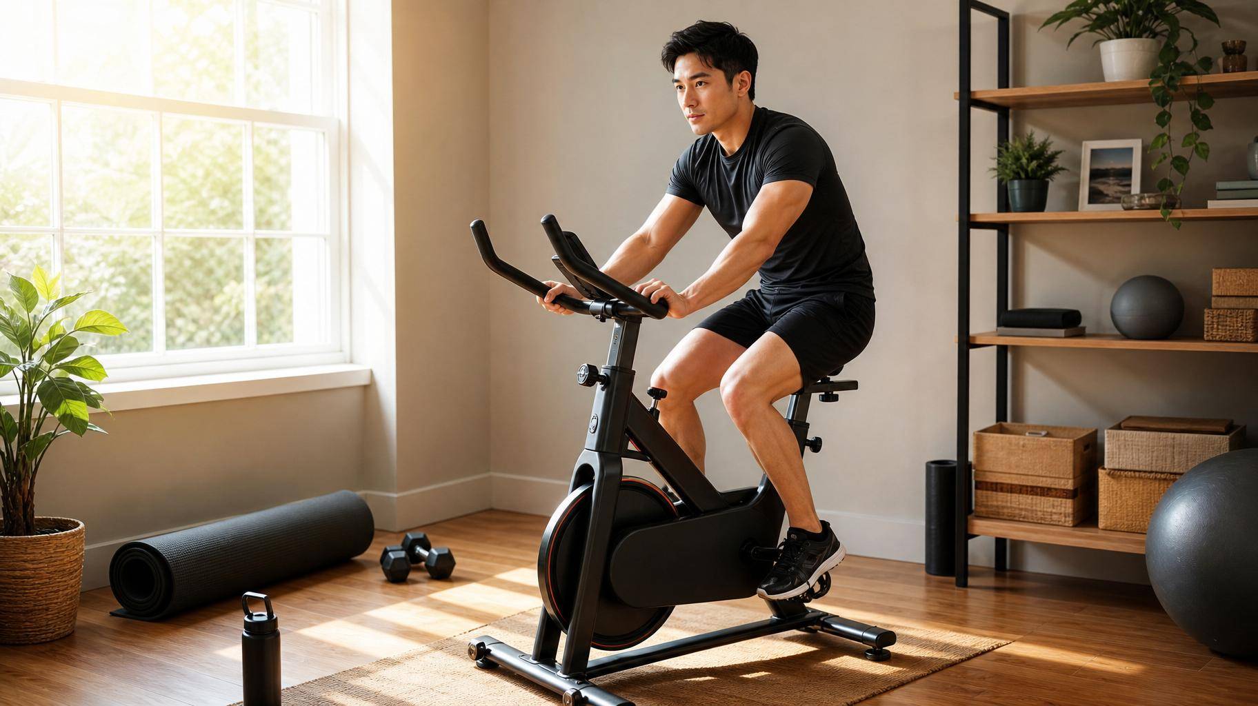 Pessoa pedalando bicicleta ergométrica em canto de treino em casa