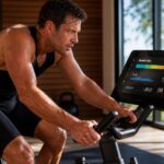 Atleta treinando em bicicleta ergométrica profissional em casa