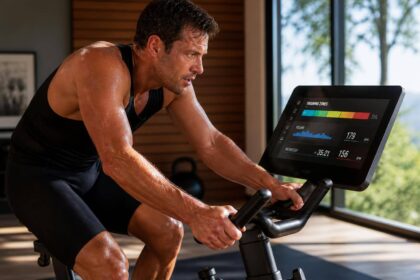 Atleta treinando em bicicleta ergométrica profissional em casa