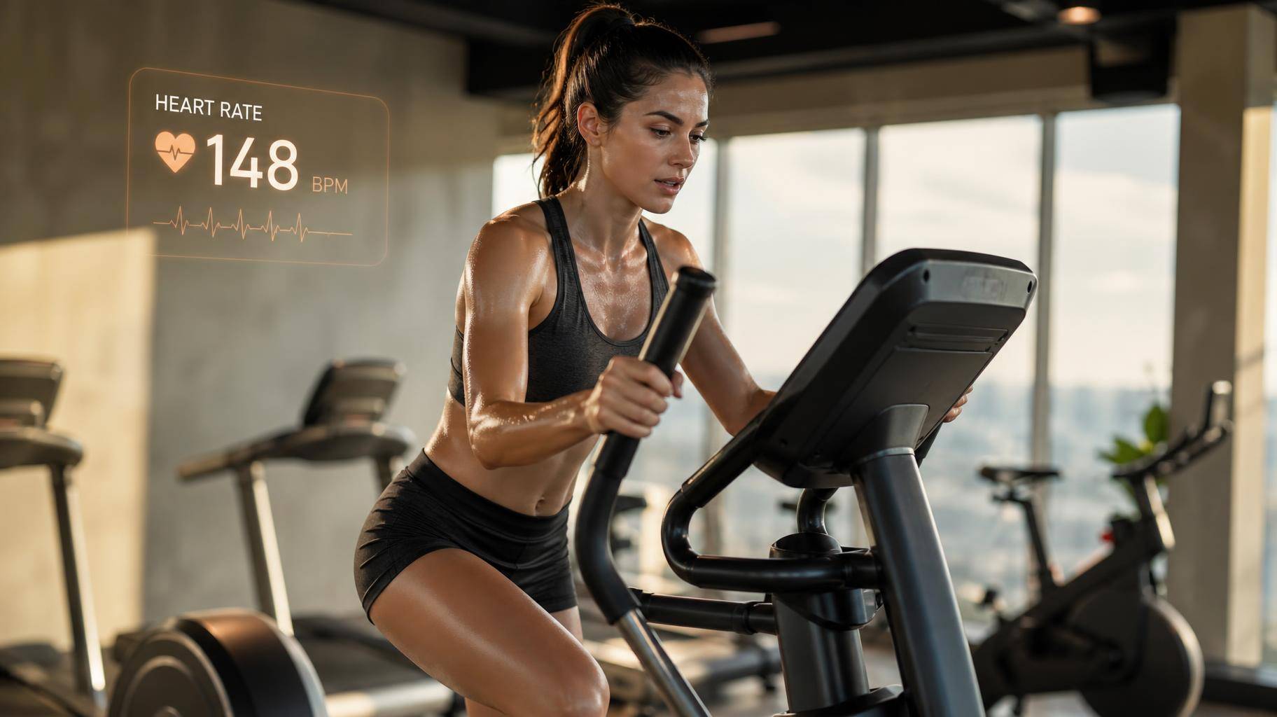 Mulher fazendo exercício no elíptico em academia moderna