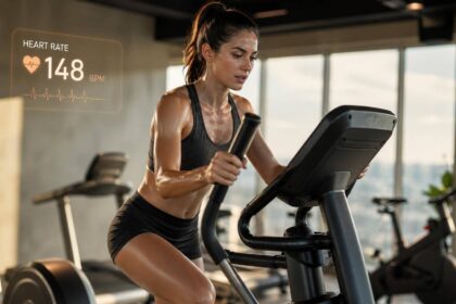 Mulher fazendo exercício no elíptico em academia moderna