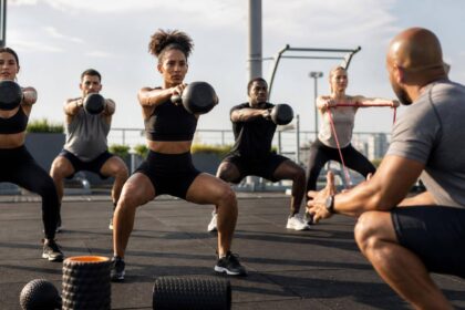 Atletas realizando treino funcional ao ar livre focados em técnica e recuperação