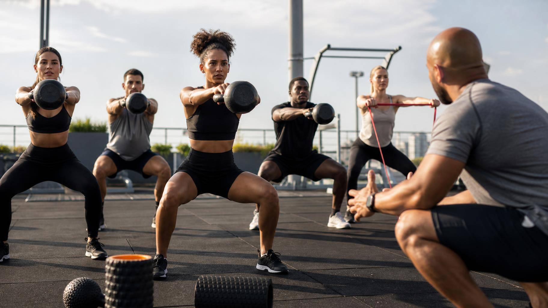 Atletas realizando treino funcional ao ar livre focados em técnica e recuperação