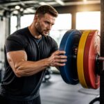 Atleta ajustando pesos no agachamento em academia moderna