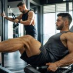 Atleta treinando em academia moderna usando aparelhos