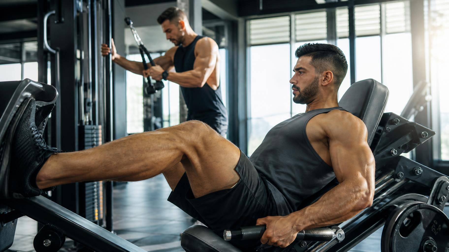 Atleta treinando em academia moderna usando aparelhos