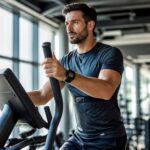 Atleta em elíptico moderno em academia com luz natural, usando monitor cardíaco e relógio com zonas de treinamento visíveis.