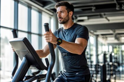 Atleta em elíptico moderno em academia com luz natural, usando monitor cardíaco e relógio com zonas de treinamento visíveis.