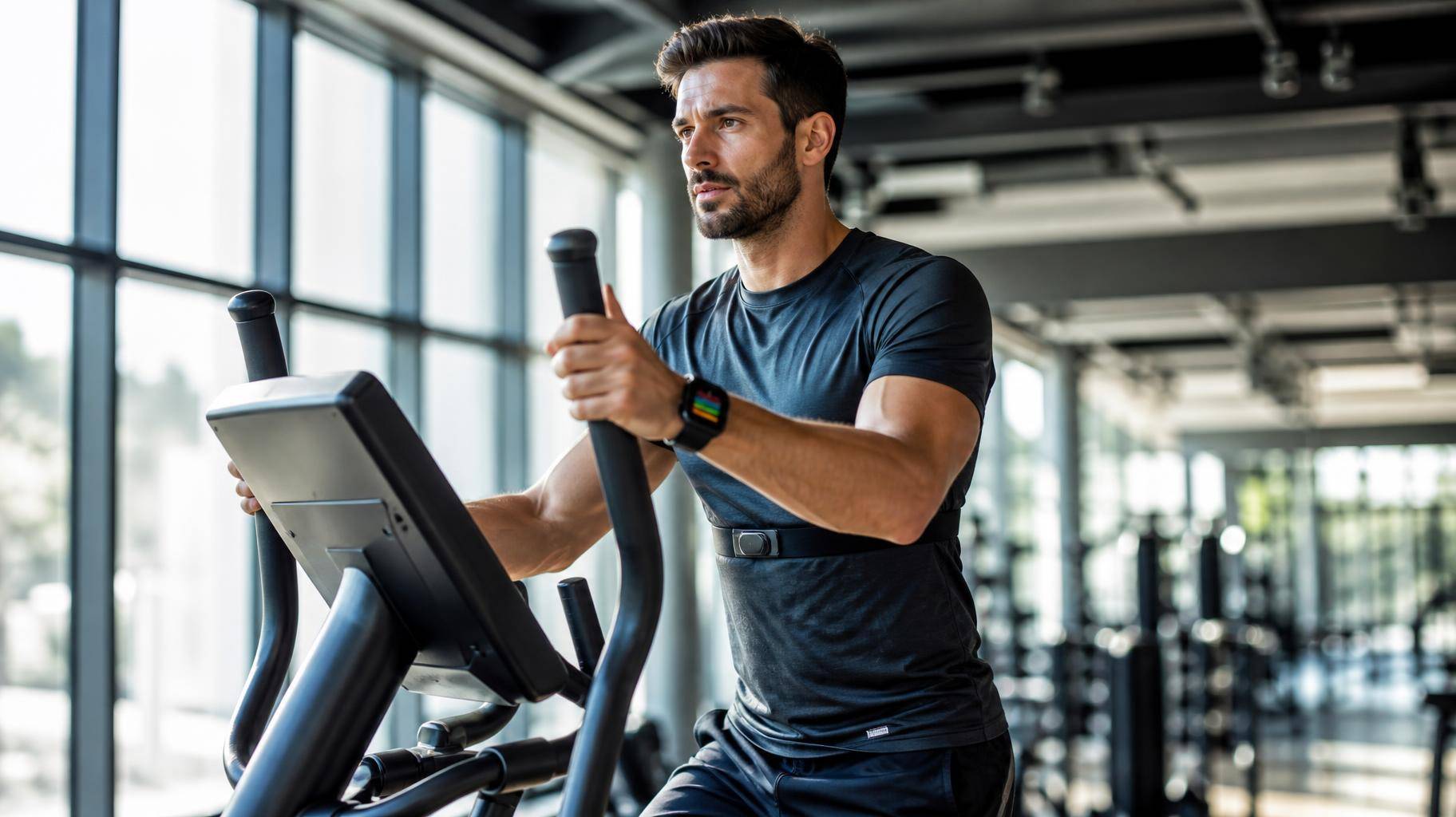 Atleta em elíptico moderno em academia com luz natural, usando monitor cardíaco e relógio com zonas de treinamento visíveis.