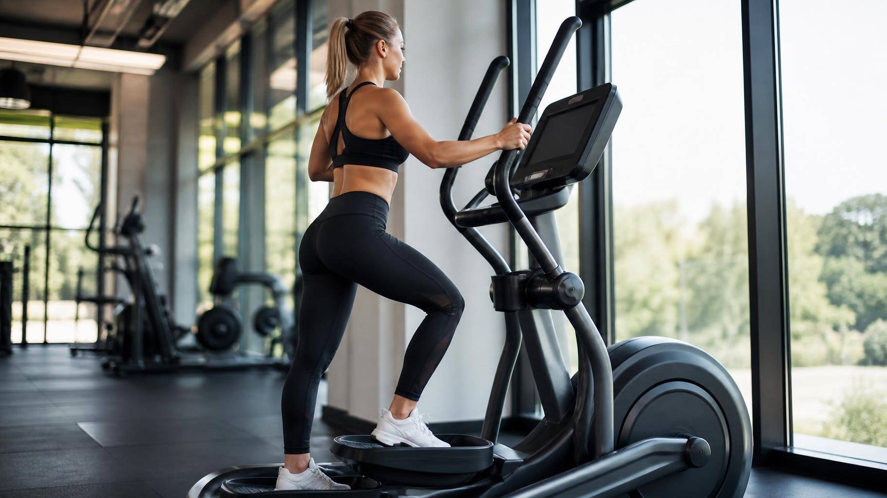 Atleta usando elíptico profissional em academia moderna com luz natural e fundo desfocado