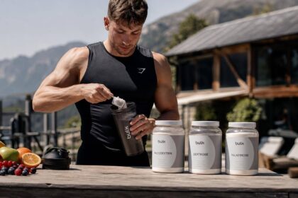 Atleta preparando shake de carboidrato com maltodextrina ao ar livre