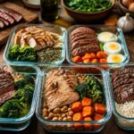 Cinco marmitas fitness preparadas com carne, ovos, quinoa e vegetais em bancada de cozinha