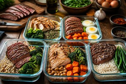 Cinco marmitas fitness preparadas com carne, ovos, quinoa e vegetais em bancada de cozinha