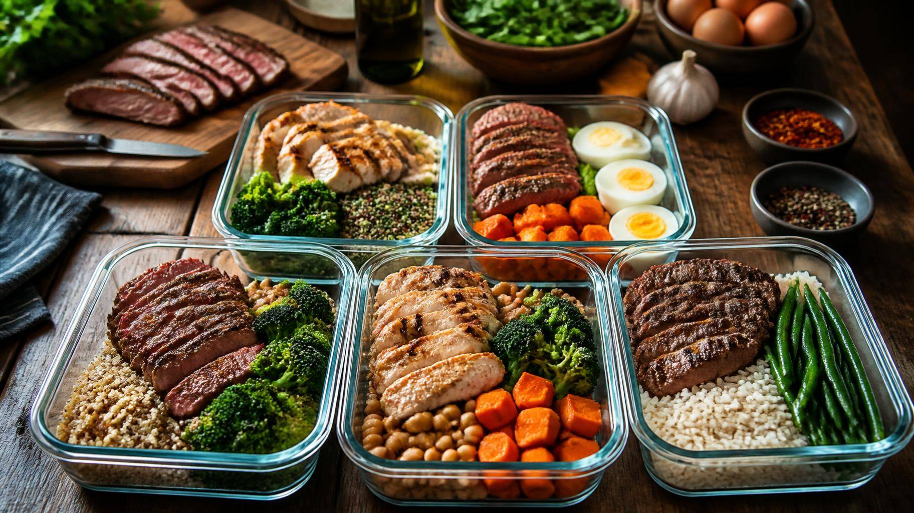 Cinco marmitas fitness preparadas com carne, ovos, quinoa e vegetais em bancada de cozinha