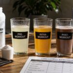 Três bebidas de maltodextrina rotuladas para pré, intra e pós-treino sobre bancada de madeira
