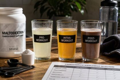 Três bebidas de maltodextrina rotuladas para pré, intra e pós-treino sobre bancada de madeira