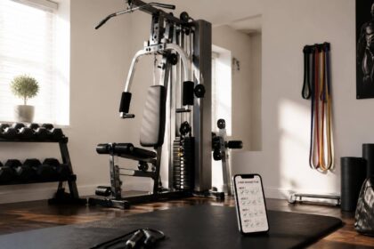Estação de musculação em home gym com aparelho multifuncional e checklist de treino