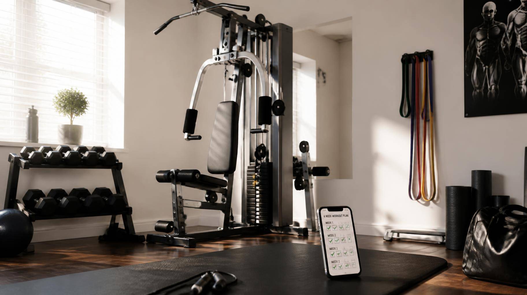 Estação de musculação em home gym com aparelho multifuncional e checklist de treino
