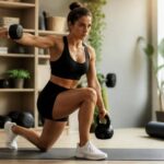 Pessoa em casa praticando treino híbrido com halteres, kettlebell e faixas de resistência em ambiente iluminado