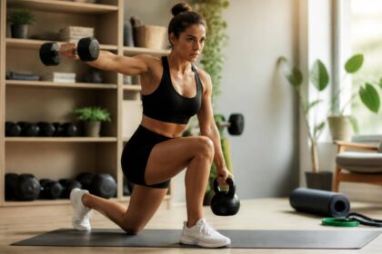 Pessoa em casa praticando treino híbrido com halteres, kettlebell e faixas de resistência em ambiente iluminado